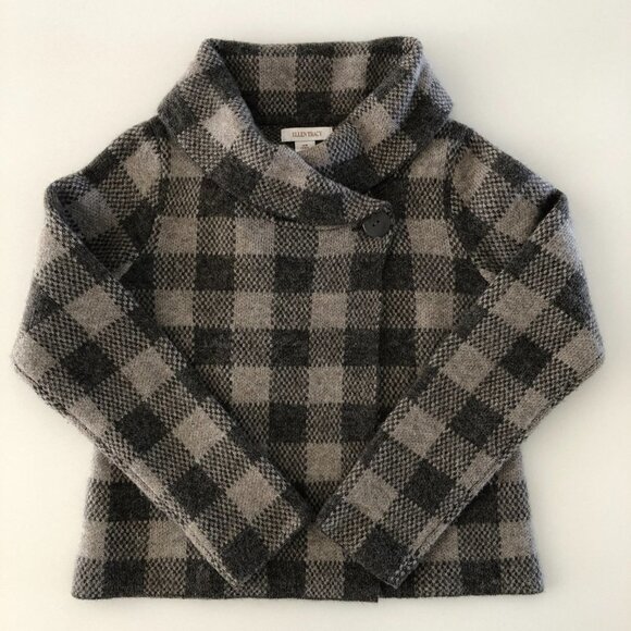 Ellen Tracy Check Pattern Long Sleeve Shawl Collar Sweater Jacket Grey Size M - Picture 2 of 13